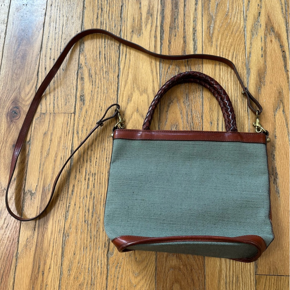 Brahmin Green Canvas Saddle Brown Bag